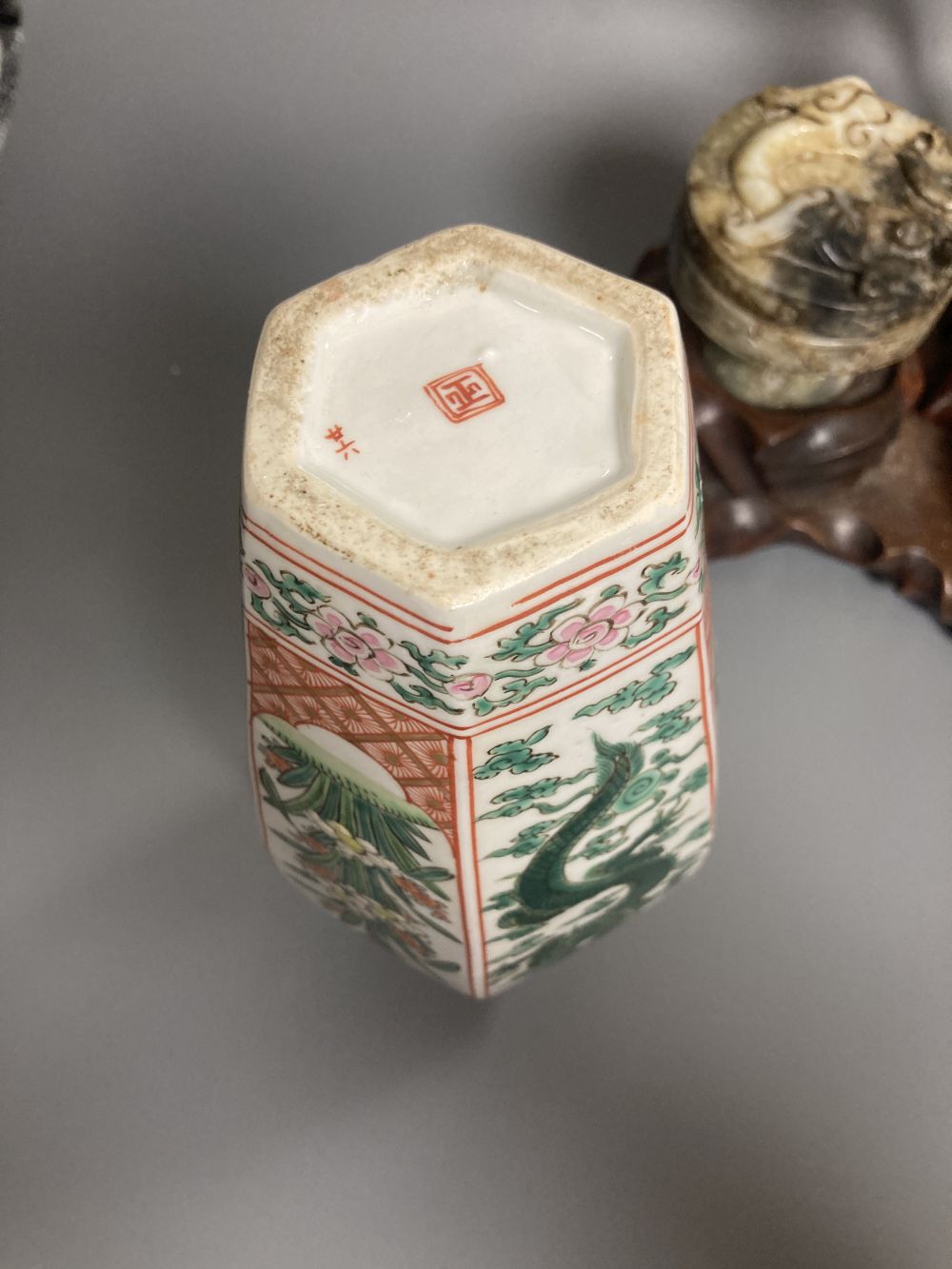 A Chinese hardwood lamp, height 27cm excluding light fitting, two stone carvings and a Japanese vase